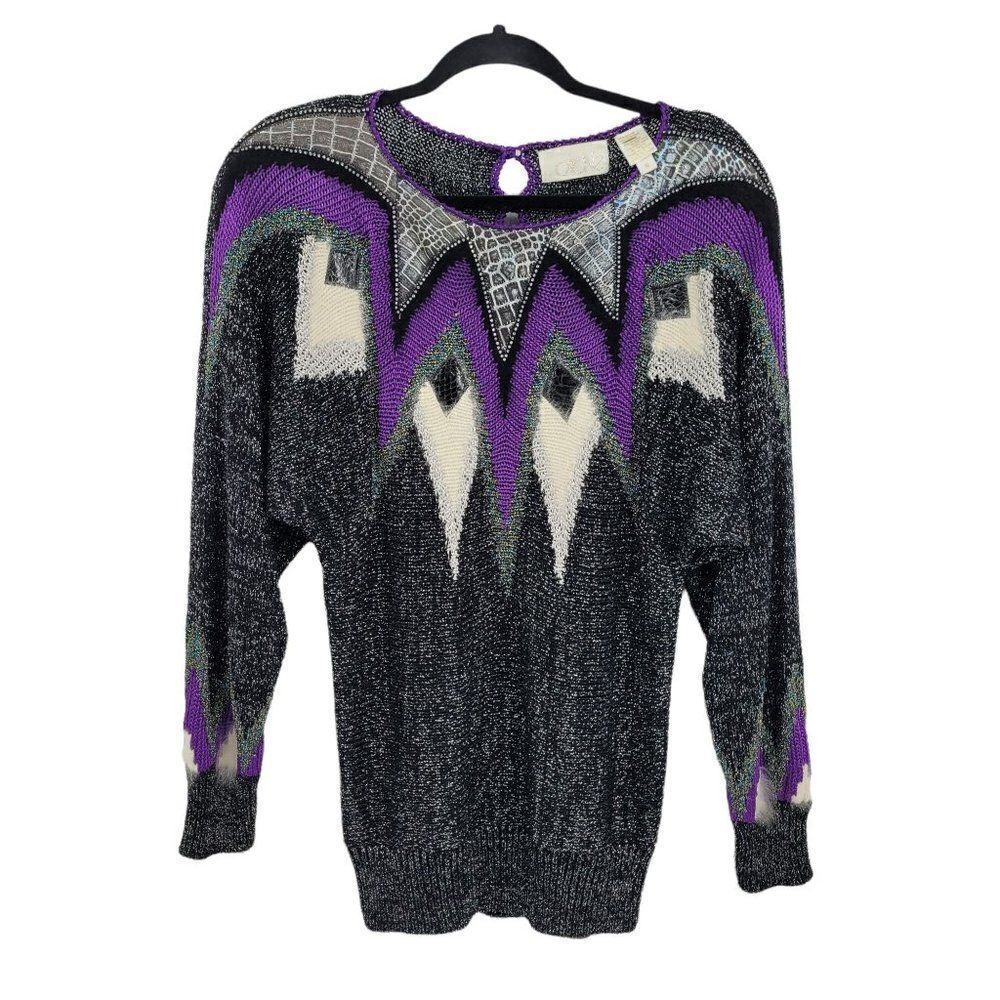 Vtg 80's Cache Sweater Funky Rocker Statement Multimedia Geometric Blk Sz S